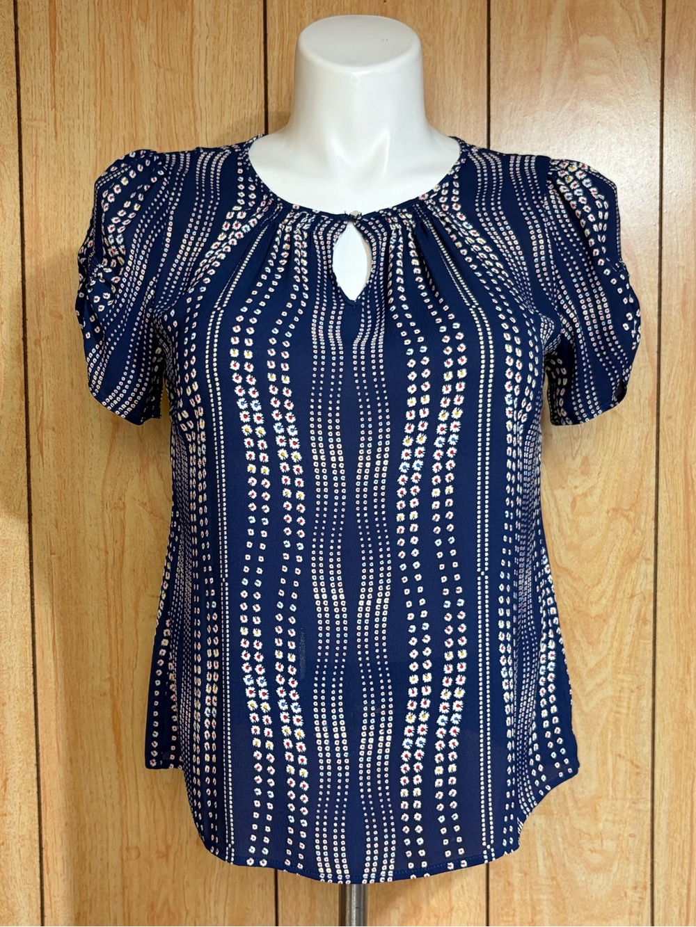 Talbots Navy Dot-Stripe Keyhole Puff-Sleeve Blouse SZ - MP